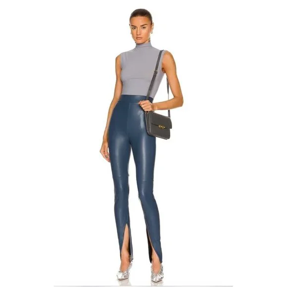 ALIX NYC Carlisle Pants Indigo Blue Faux Leather Front Slits - Picture 2 of 4